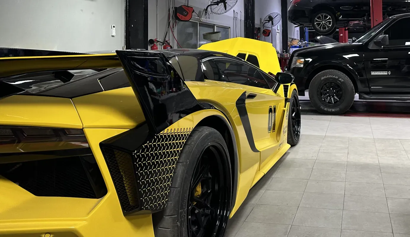 Yellow Lamborghini in the workshop